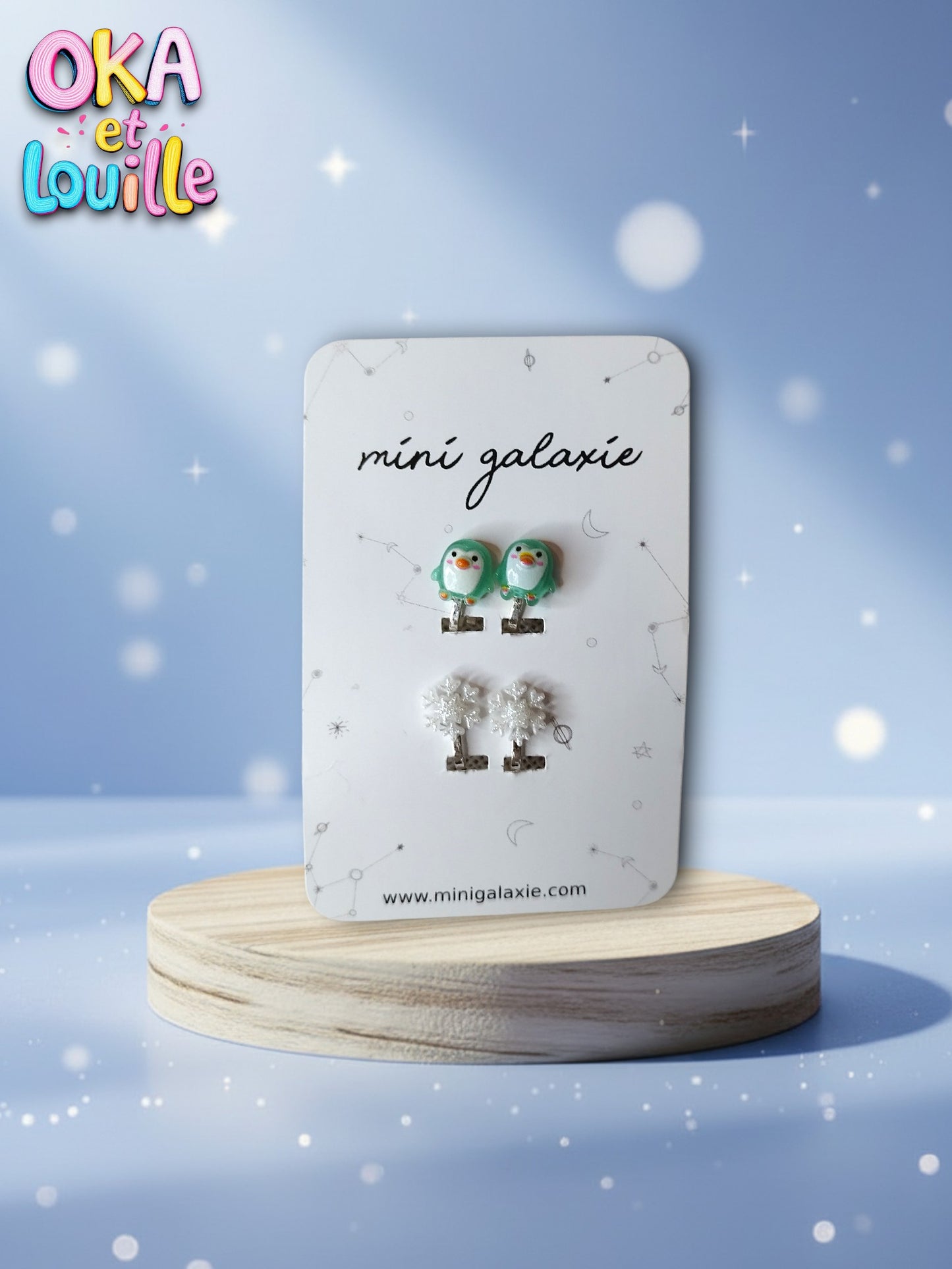 Les clips d'oreilles flocons de neige et pingouin - Mini Galaxie