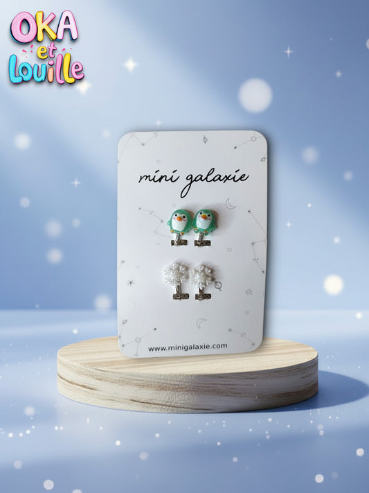 Les clips d'oreilles flocons de neige et pingouin - Mini Galaxie